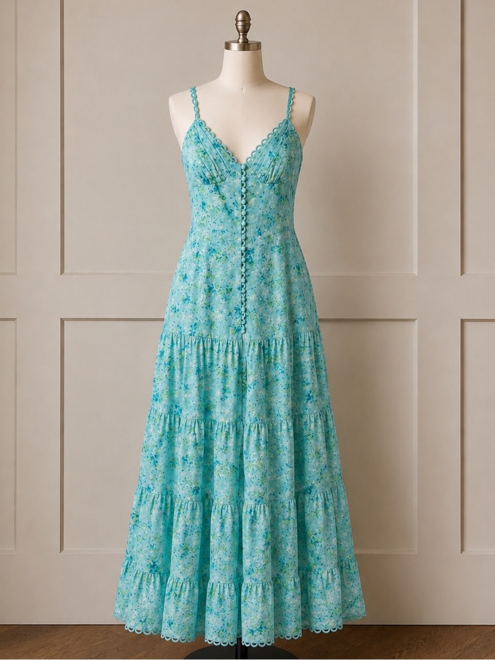 Blue Floral Tiered Maxi Dress Button Front Cottagecore Romantic